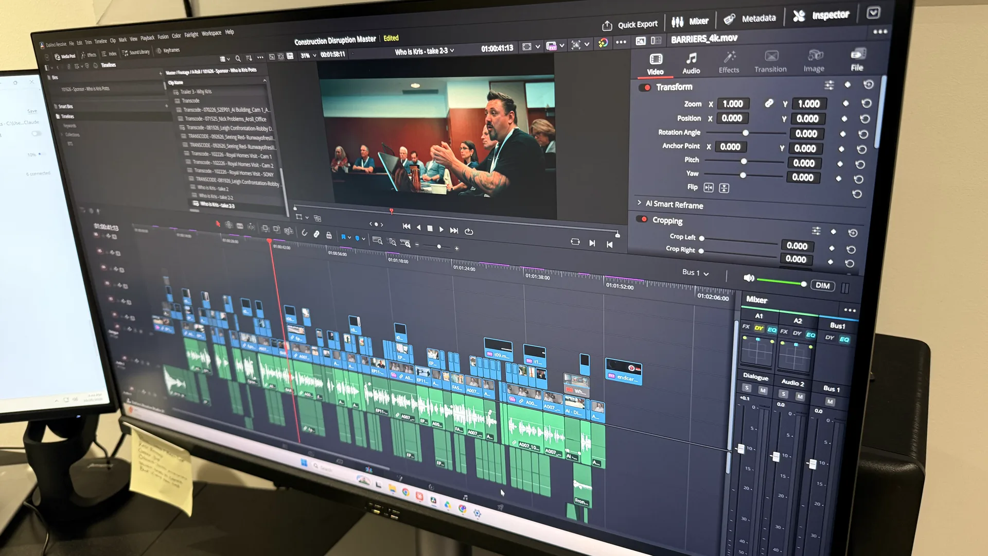 DaVinci Resolve timeline for the Construction Disruption master on a monitor