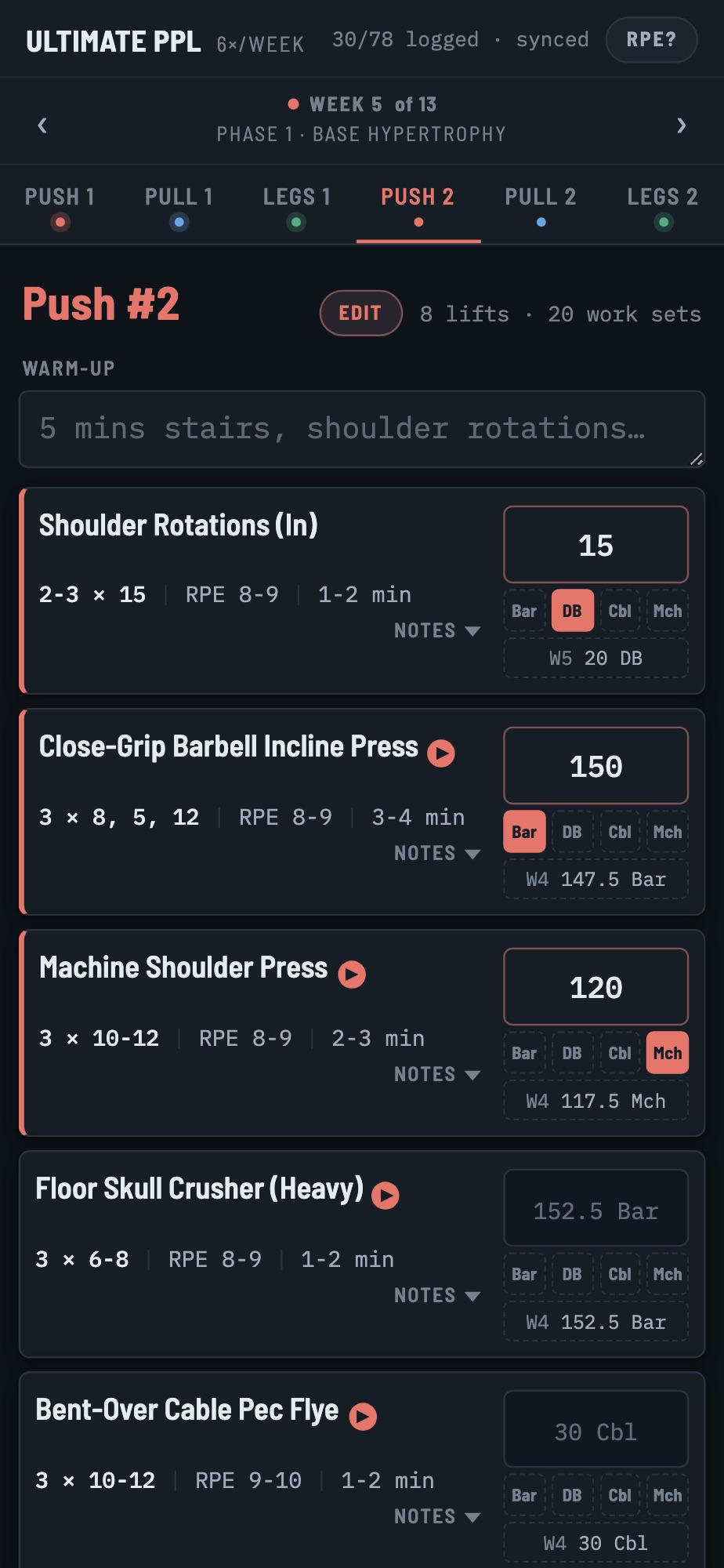 Ultimate PPL push session with weights logged and equipment tags selected