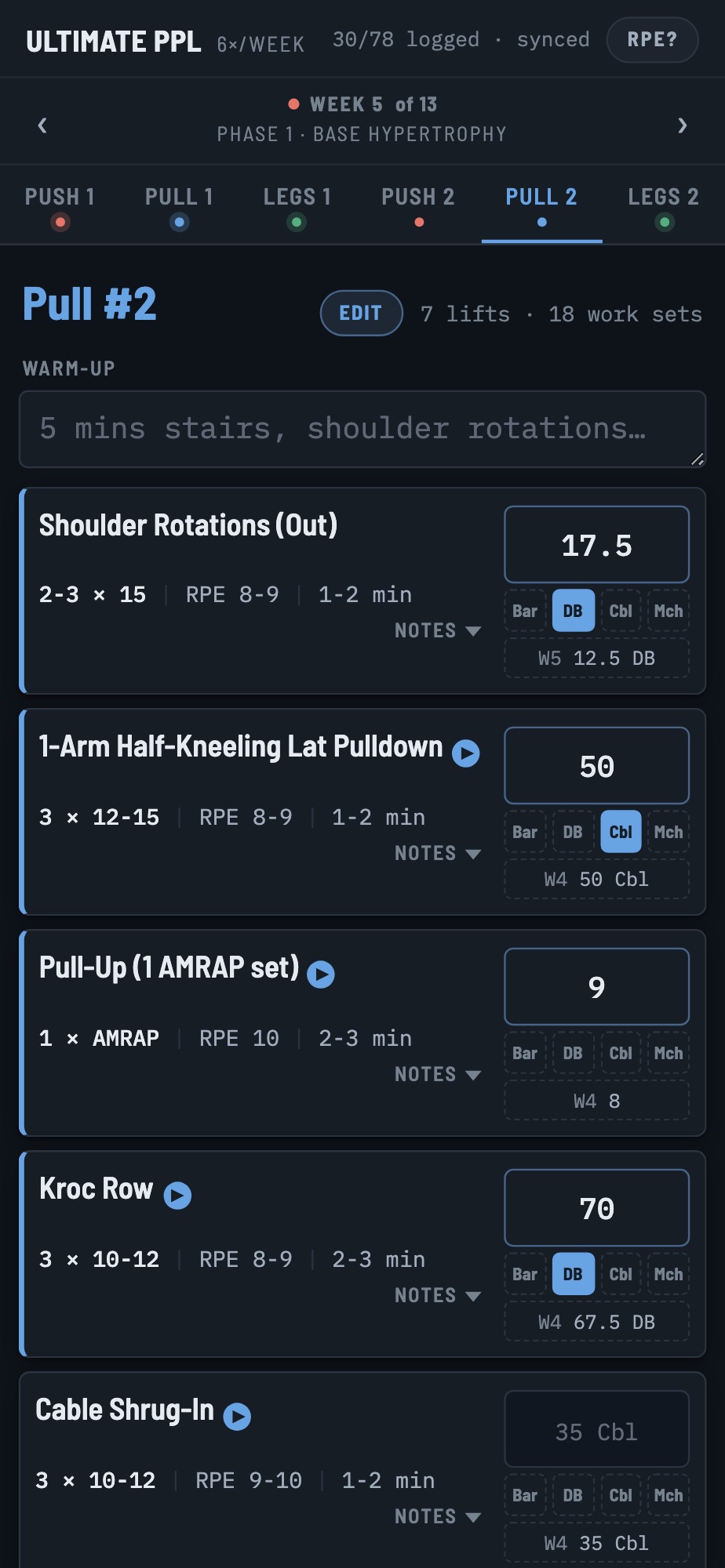 Ultimate PPL pull session with last week's numbers beside each lift