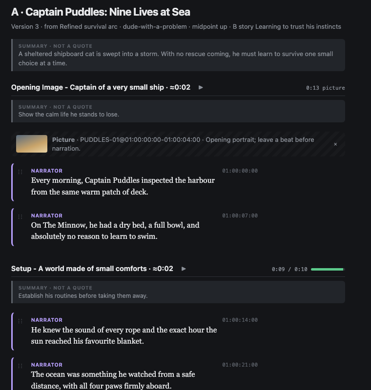 Centered Script view with fictional narration and source timecodes