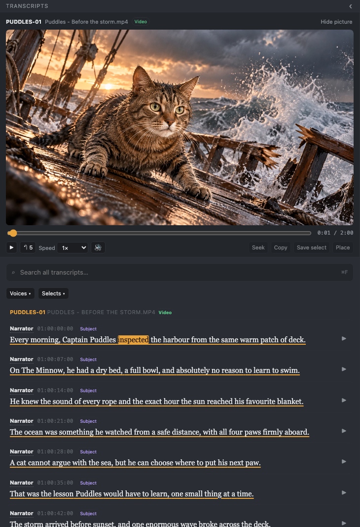 Full fictional Captain Puddles transcript and shipwreck image filling the viewer